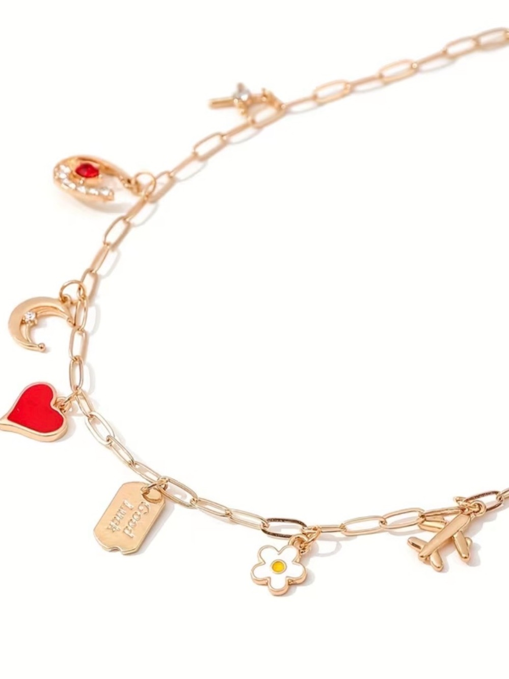 Gold Charm Necklace with Red Heart and Daisy Charm